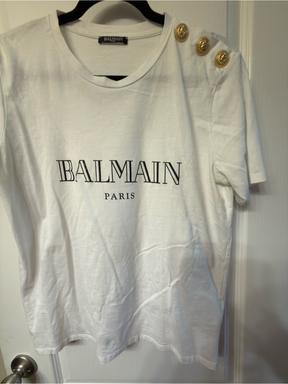 Balmain White Tee with Black Logo and Gold Buttons